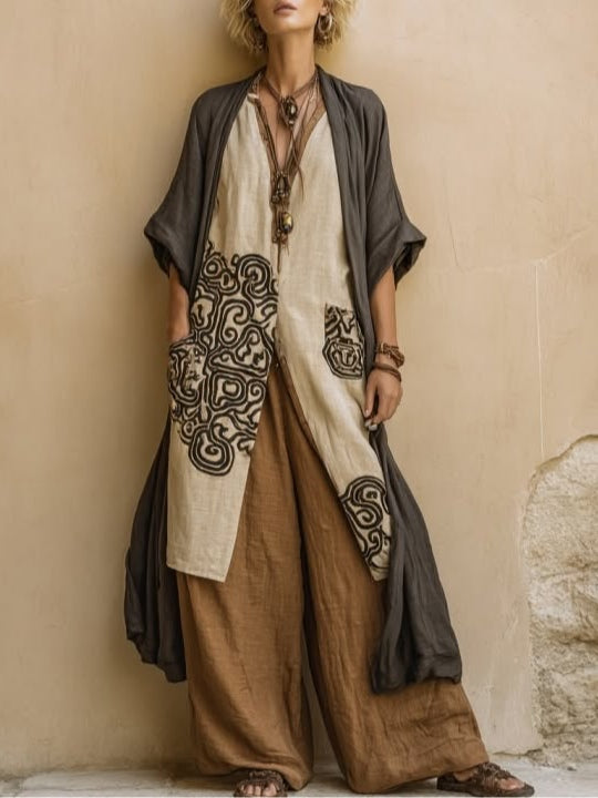 Juliette | Three-Piece Nomadic Bohemian Set in Dark Gray and Brown with Tribal Pattern