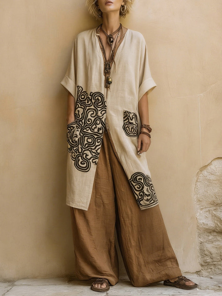 Juliette | Three-Piece Nomadic Bohemian Set in Dark Gray and Brown with Tribal Pattern