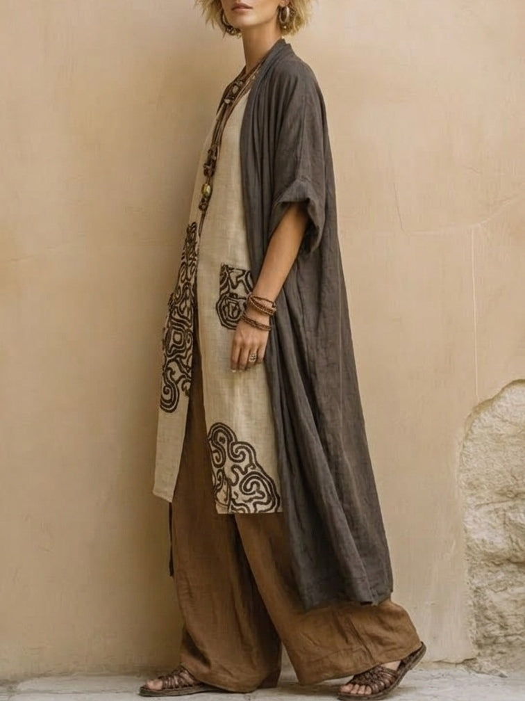 Juliette | Three-Piece Nomadic Bohemian Set in Dark Gray and Brown with Tribal Pattern