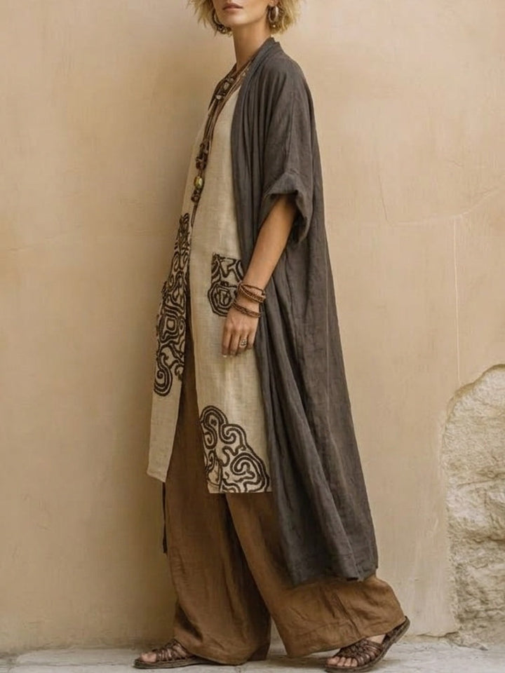 Juliette | Three-Piece Nomadic Bohemian Set in Dark Gray and Brown with Tribal Pattern