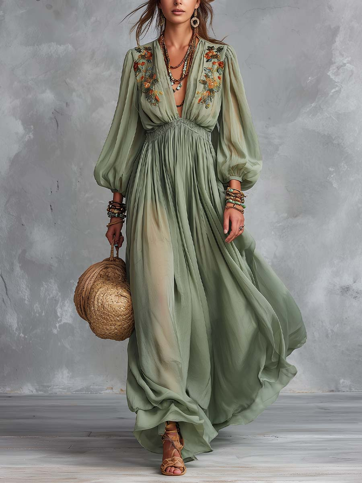 Élodine™ | Maxi Bohemian Dress with Floral Print