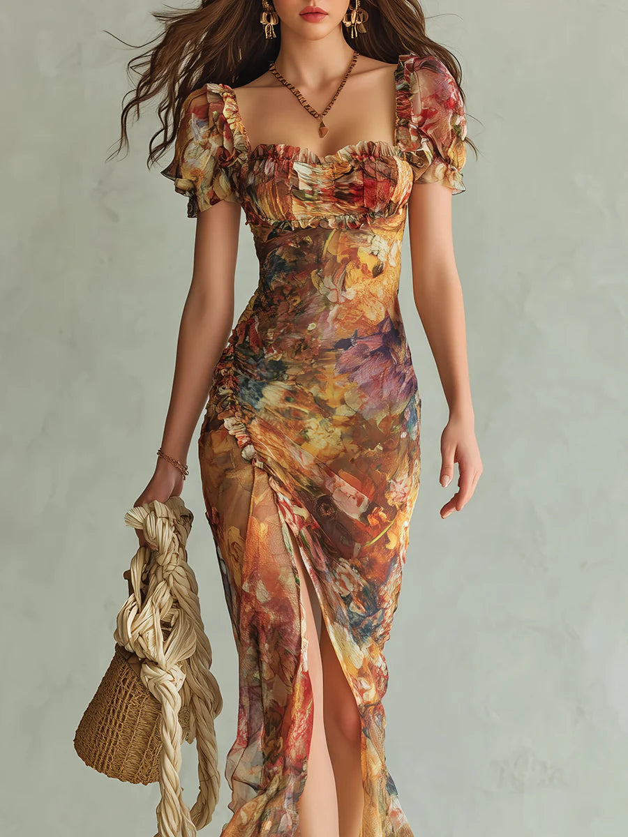 Violette | Orange Maxi Dress in Chiffon with Oil Painting Print in Bohemian Style
