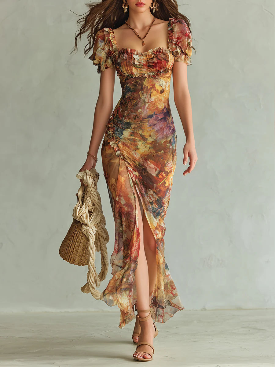 Violette | Orange Maxi Dress in Chiffon with Oil Painting Print in Bohemian Style