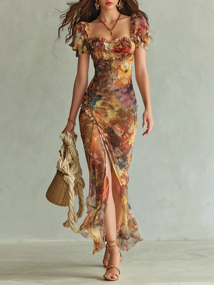 Violette | Orange Maxi Dress in Chiffon with Oil Painting Print in Bohemian Style