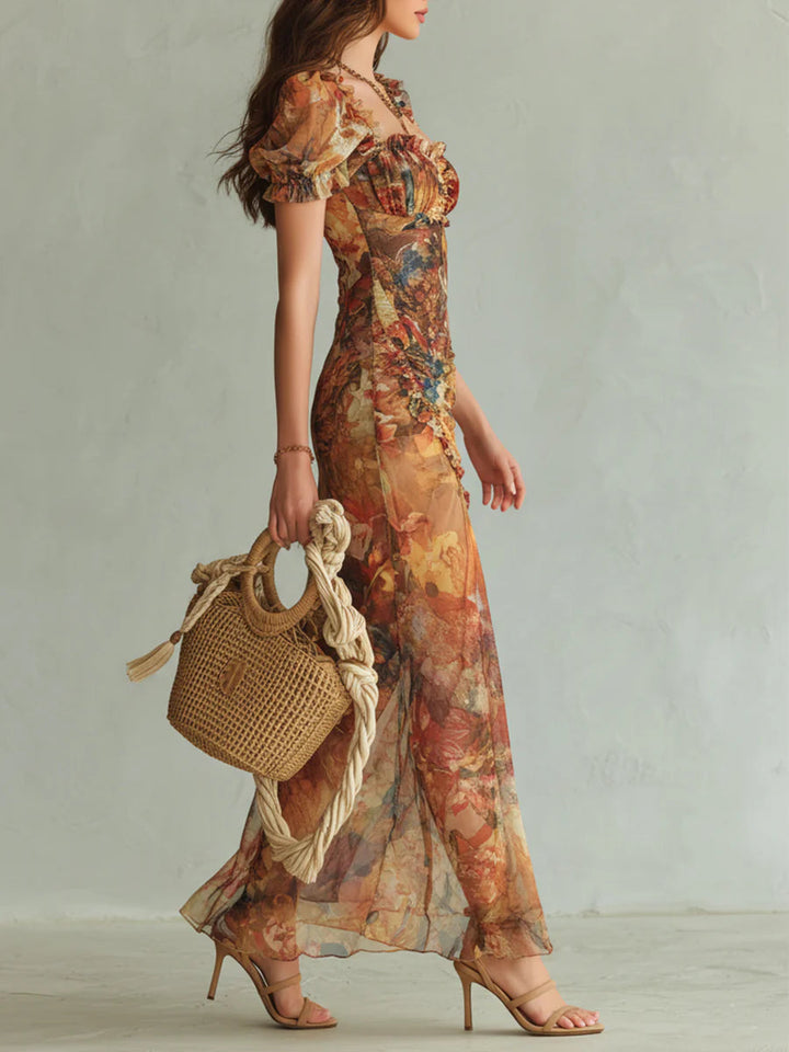 Violette | Orange Maxi Dress in Chiffon with Oil Painting Print in Bohemian Style