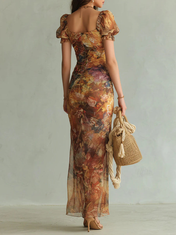 Violette | Orange Maxi Dress in Chiffon with Oil Painting Print in Bohemian Style