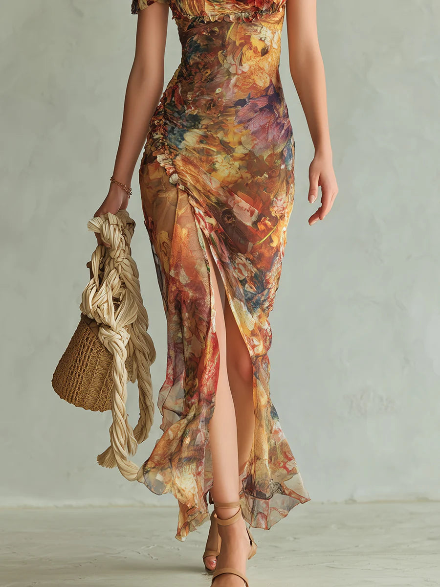 Violette | Orange Maxi Dress in Chiffon with Oil Painting Print in Bohemian Style