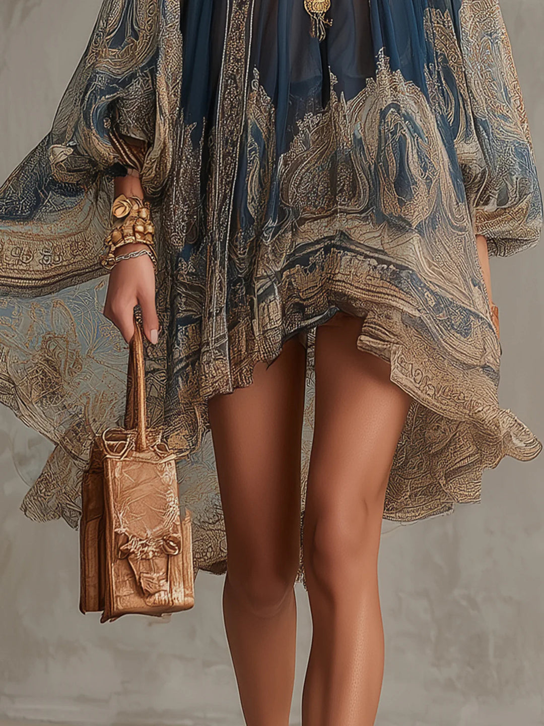 Marianna | Mini dress in navy blue chiffon with golden baroque print