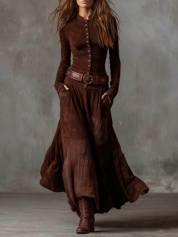 Helena Ivy | Winter Night Navy Suede Maxi Dress with Belt