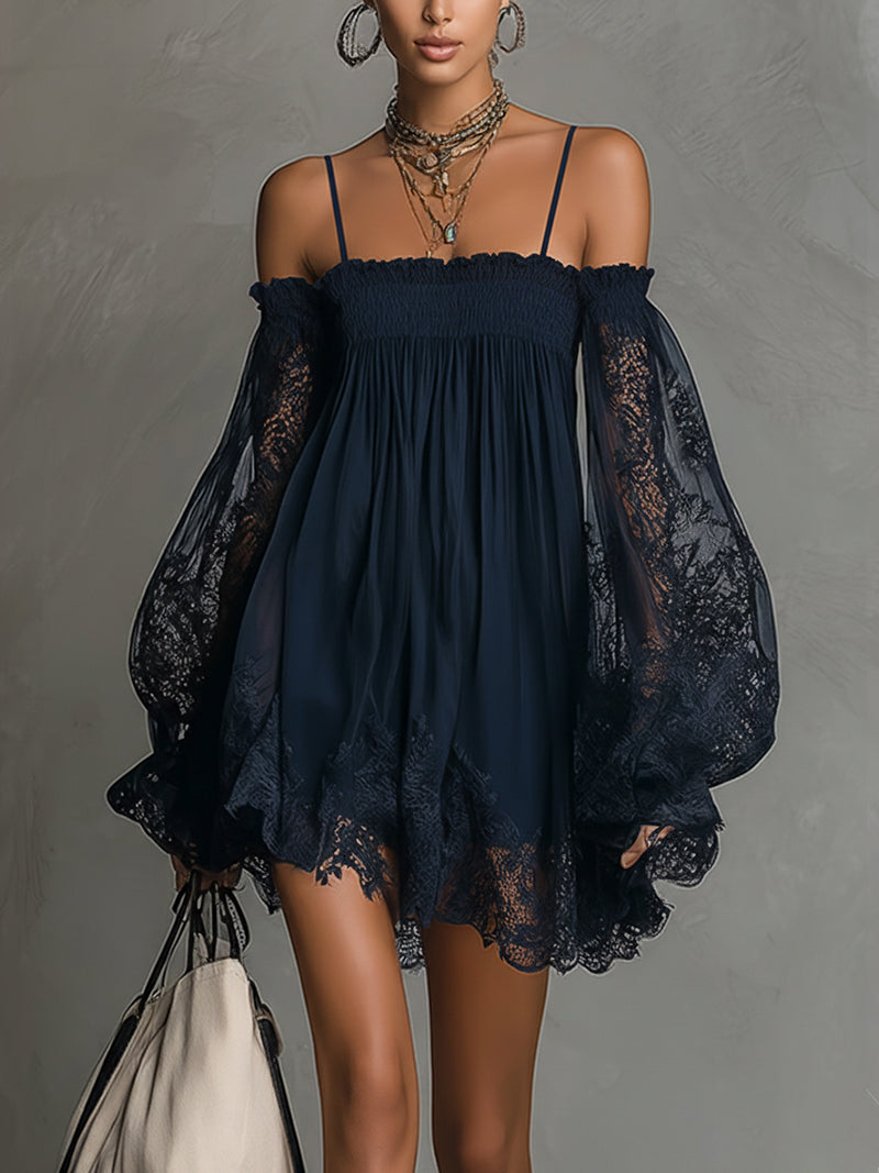Noémie | Short Navy Blue Chiffon Dress with Off-the-Shoulder Design and Lace Finishes
