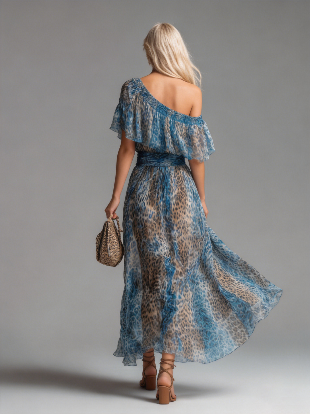 Sauvage | Long leopard print chiffon dress with off-the-shoulder design