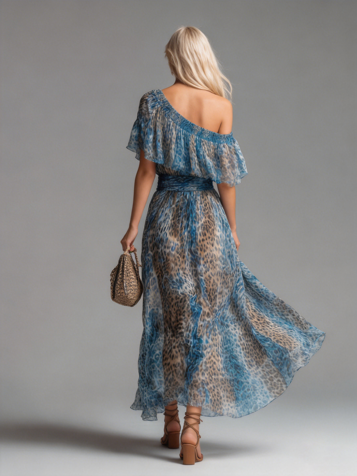 Sauvage | Long leopard print chiffon dress with off-the-shoulder design