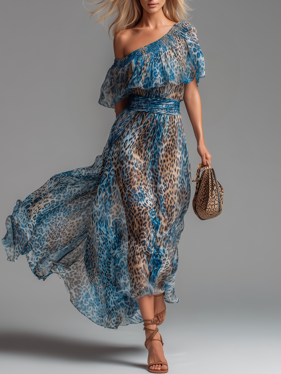 Sauvage | Long leopard print chiffon dress with off-the-shoulder design