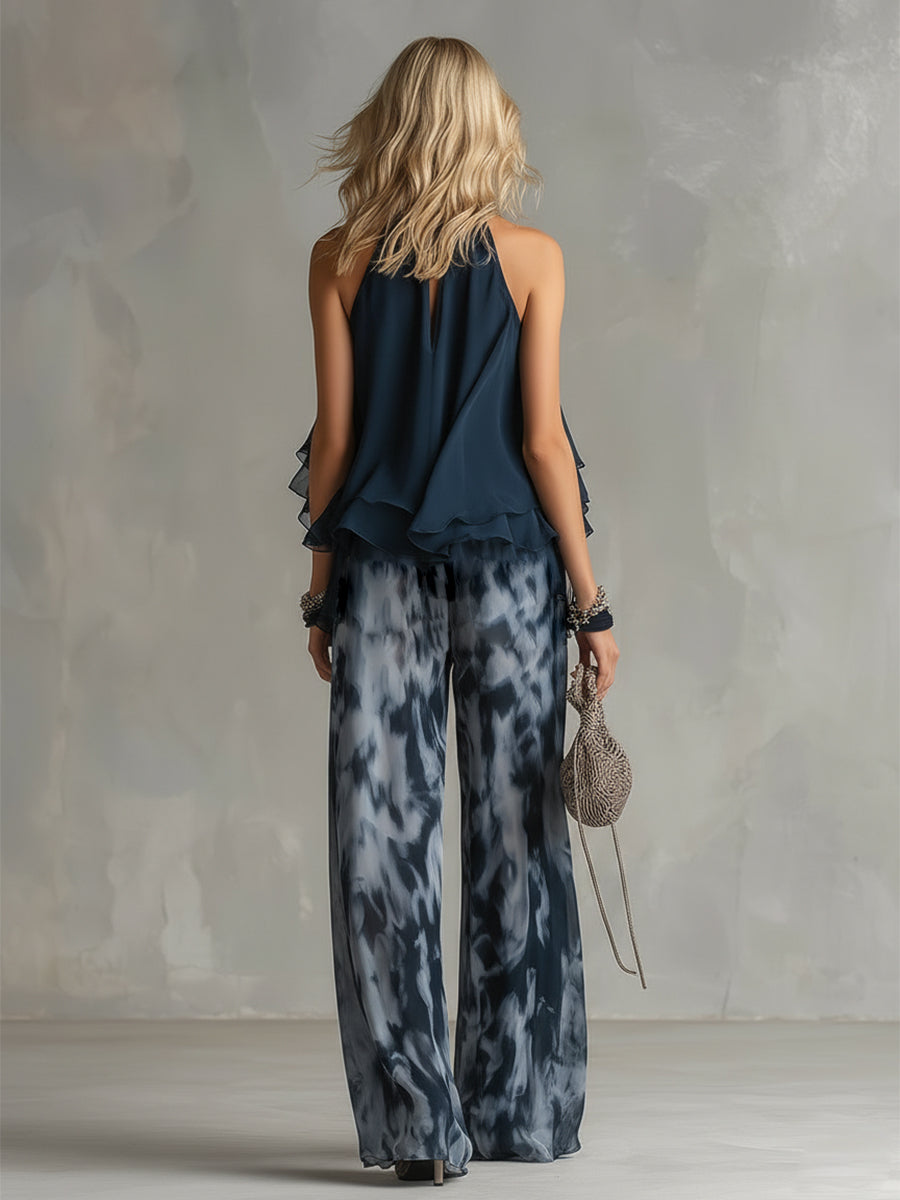 Chloé | Elegant set with navy blue halter top and wide printed pants