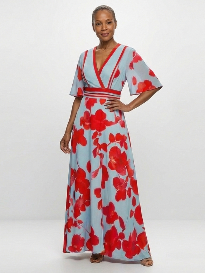 V Neck Short Sleeve Floral Maxi Dress