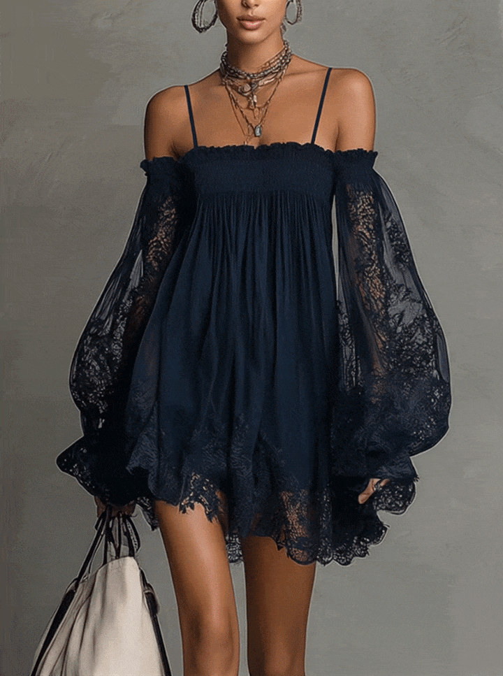 Noémie | Short Navy Blue Chiffon Dress with Off-the-Shoulder Design and Lace Finishes
