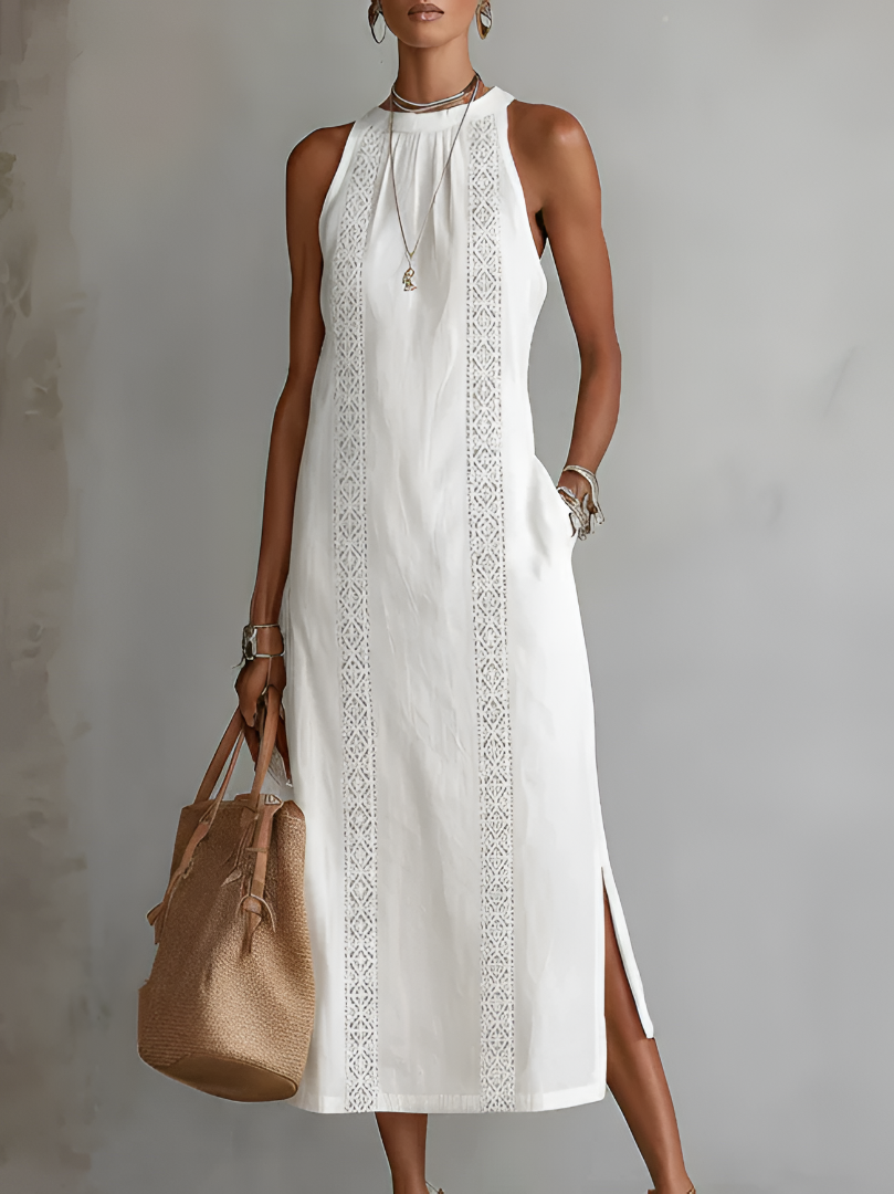 Jimena | Casual Midi Dress with Embroidered Mao Collar