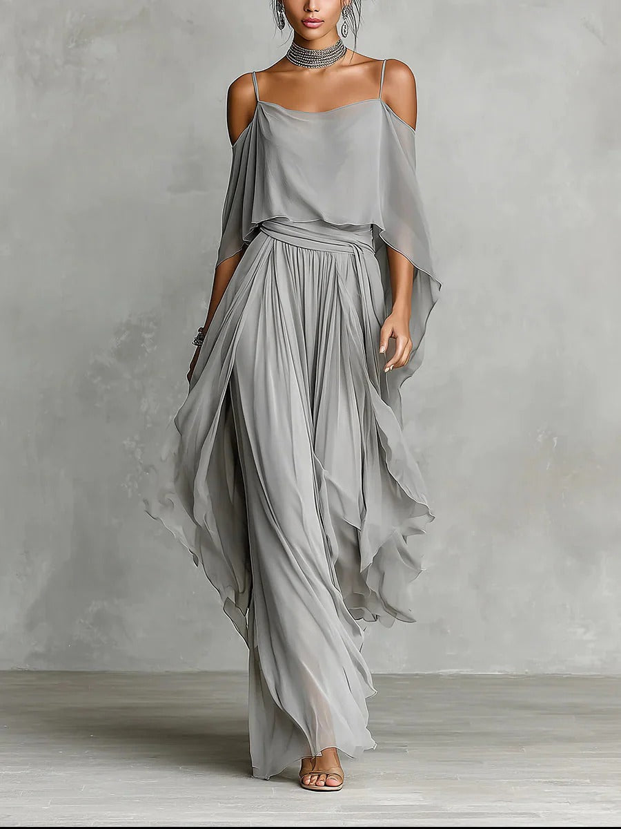 Isabelle | Gray fluid set with thin strap top and light pants