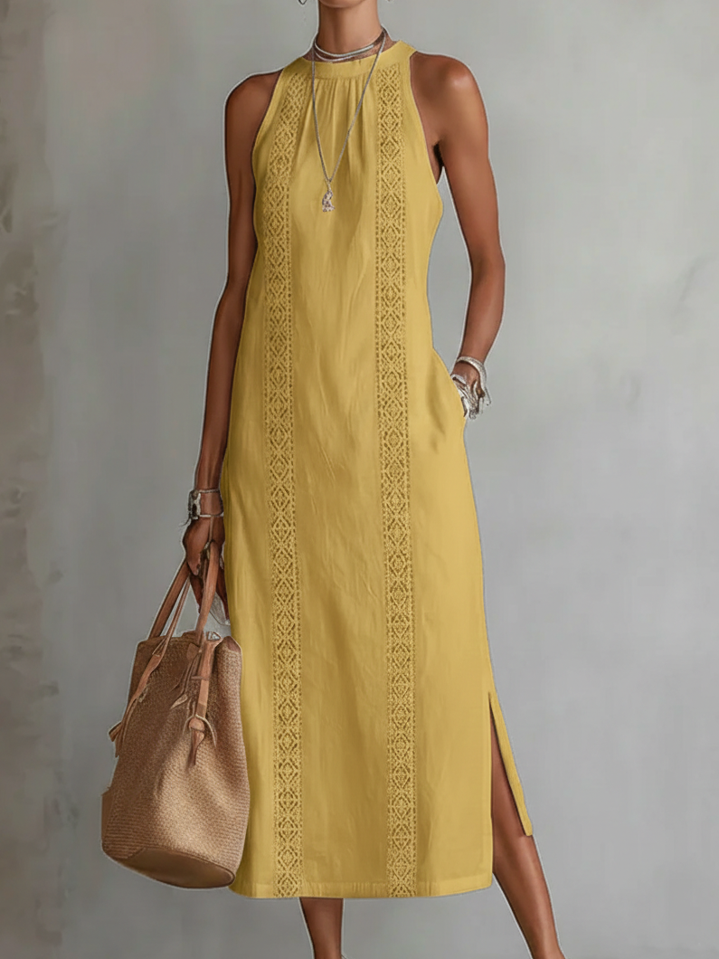 Jimena | Casual Midi Dress with Embroidered Mao Collar