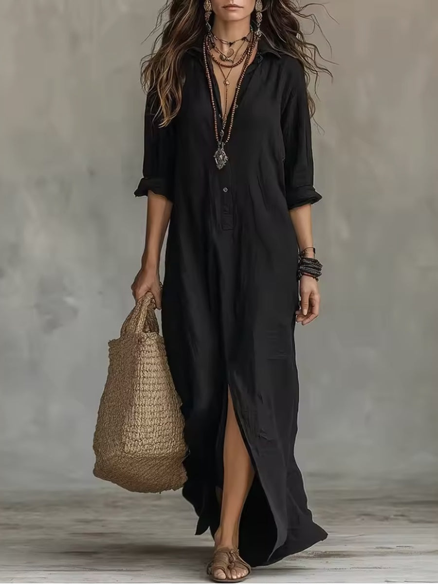 Soline | Long Black Flowy Dress with Buttons